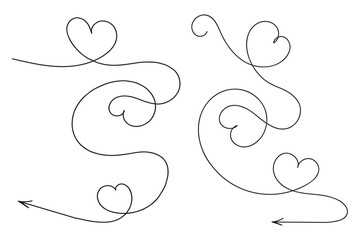 Hand drawn Thin continuous line lovely hearts style curved arrow vector, one line left right direction love sign with pen arrows, Minimalistic Outline single line way decorations decorative element