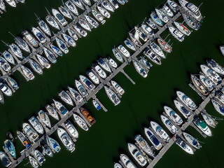 Overhead view of the yachts in the marina at Conwy in North Wales