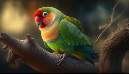 Fischer's faced lovebird on tree branch AI Generated - obrazy, fototapety, plakaty