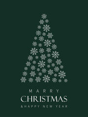 Merry Christmas and Happy New Year, christmas card with white christmas tree from snowflakes on green background.