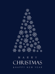 Merry Christmas and Happy New Year, christmas card with white christmas tree from snowflakes on blue background.