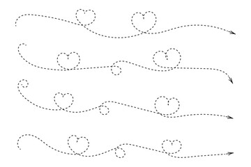 Hand drawn Thin continuous line lovely hearts style curved Dotted arrow vector, one line left right direction love sign with pen dashed line arrows, Minimalistic Outline single line way decorations
