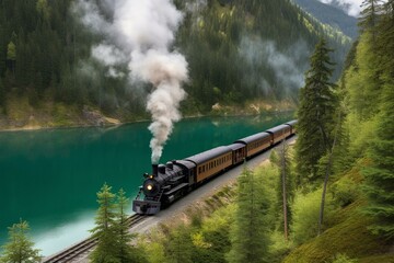 Steam locomotive curves through scenic mountains by a serene lake. Generative AI