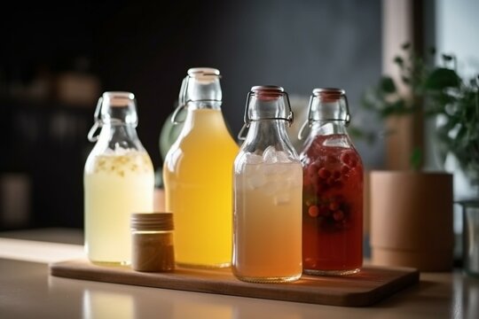 Healthy probiotic drink: fermented beverage in glass and bottles. Soda bottles, non-alcoholic beverages. Lemonade. Generative AI