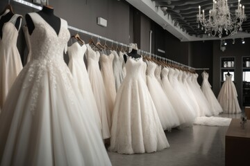Fototapeta na wymiar Wedding dress shop. Sale collection design. Generate Ai