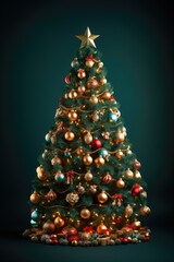 A magnificently decorated Christmas tree against a serene green backdrop