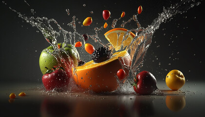 Fresh fruits freeze motion of water splash AI Generated