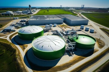 Aerial view of biogas plant with drone. Generative AI