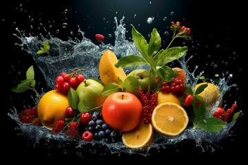 Water splash on background with fruit and foliage. Generative AI