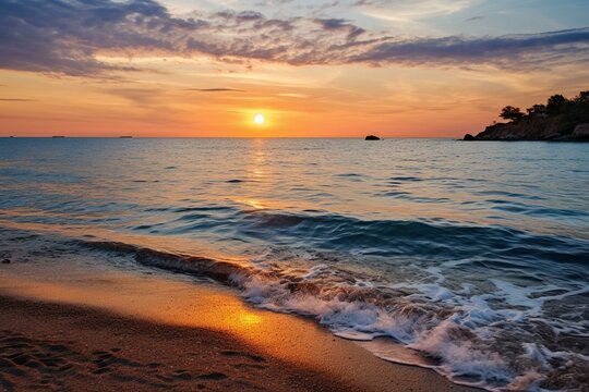 A serene seascape with the sun setting over the ocean. Generative AI