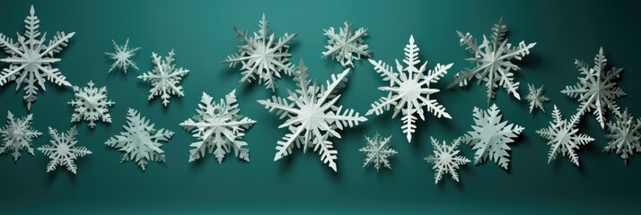 Delicate paper snowflakes set against a vibrant green background