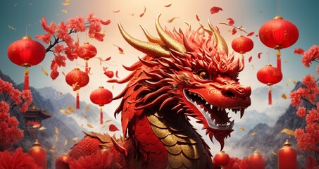 Chinese New Year red dragon and red lanterns, Generative AI