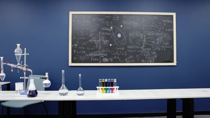 In a deliberate slow-motion sweep, a science laboratory reveals a blackboard laden with intricate equations, juxtaposed against glass beakers, encapsulating the union of theory and practice