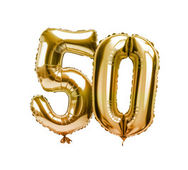 gold 50th anniversary helium mylar balloons on transparent png background, 50th birthday balloon