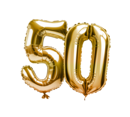 gold 50th anniversary helium mylar balloons on transparent png background, 50th birthday balloon