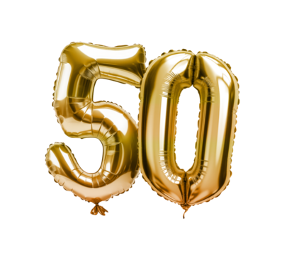 gold 50th anniversary helium mylar balloons on transparent png background, 50th birthday balloon - Powered by Adobe