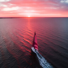 Aerial view of a sailboat in a windy state. Evening. Bright pink sunset. Pink sky.