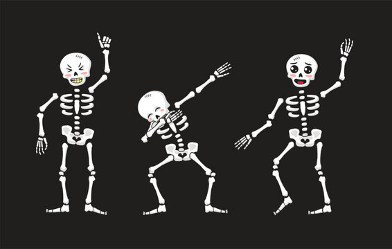 Cute skeletons set in different poses. Cartoon Halloween character. Vector Illustration for Halloween.