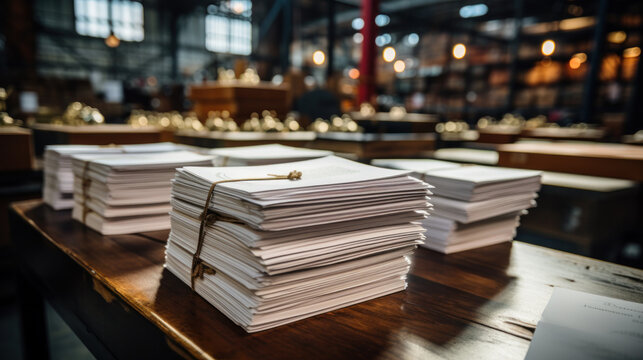 Stacks of paper on warehouse background. Documents for warehouse and accounting reporting.
