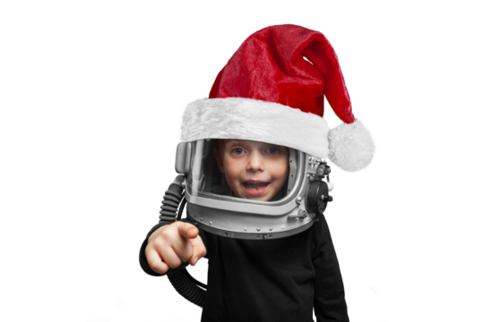 Small child wants to fly an in space wearing an astronaut helmet.