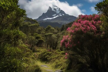 A magnificent mountain peak visible from a dense forest filled with vibrant rhododendrons. Generative AI