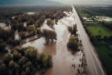 Destroyed highway, damaged road, flooded river. Ojai, California. Ventura River disaster with rainstorm. Aerial view. Generative AI - obrazy, fototapety, plakaty