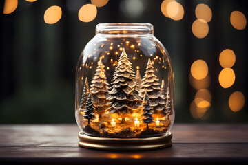 christmas tree decorations, santa claus with gifts, snowman in the snow, christmas gift boxes	