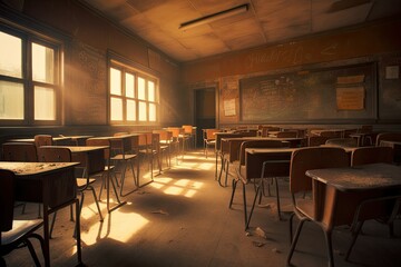 Fototapeta na wymiar Empty school classroom without young student.