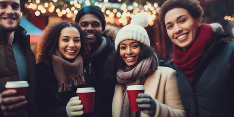 Diverse group of people having fun together at Christmas fair - obrazy, fototapety, plakaty