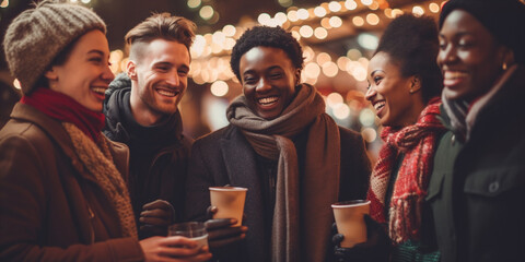 Diverse group of people having fun together at Christmas fair