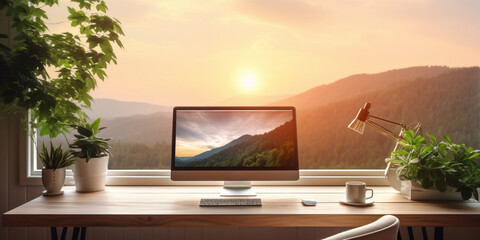 Eco-friendly workspace with desktop or laptop - obrazy, fototapety, plakaty