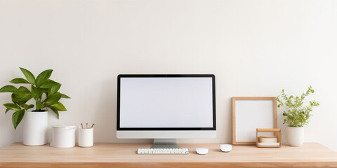 Eco-friendly workspace with desktop or laptop - obrazy, fototapety, plakaty