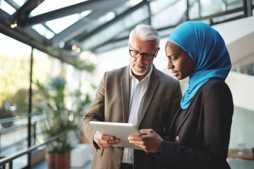 A Muslim secretary displays information on a tablet to her boss in an office environment. Multicultural diversity in workplace environments concept.