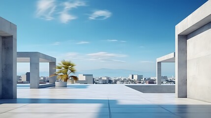 Modern concrete architecture building, exterior floor and roof with empty space for mock up with blue sky background, in clean design, with Generative Ai.