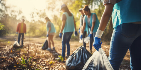 A team of young and diverse volunteers remove trash to clean up the environment - obrazy, fototapety, plakaty