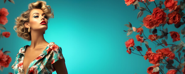 Retro style fashion banner with close-up portrait of a beautiful woman  with floral beauty theme
