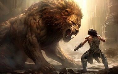 Hercules fought with a lion - obrazy, fototapety, plakaty