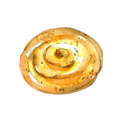 Watercolor bun with cinnamon. Hand-drawn illustration isolated on the white background