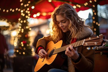 girl with guitar in a christmas market - obrazy, fototapety, plakaty