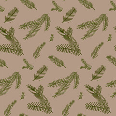 Christmas kraft paper pattern. Pine branches on brown background, minimalist modern gift wrapping paper design