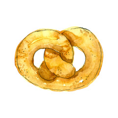 Watercolor Pretzel bun. Hand-drawn illustration isolated on the white background
