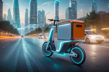 Futuristic E Cargo Bike in Modern Cityscape Electric Delivery Bike, AI Generated - obrazy, fototapety, plakaty