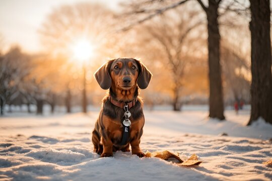 Dachshund outdoors in a park in winter snowy season during late winter sunset with a sun flares in the background. Generative Ai.