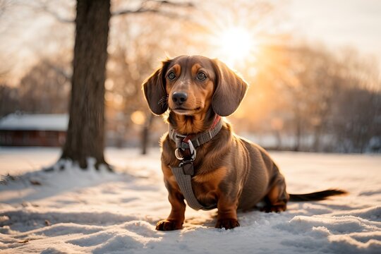 Dachshund outdoors in a park in winter snowy season during late winter sunset with a sun flares in the background. Generative Ai.