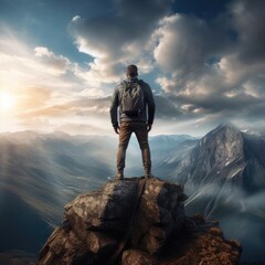 Fototapeta premium A traveling tourist is alone on the edge of a mountain cliff and looks at the valley. Silhouette of a man on a high rock at sunset. Hiking, adventure lifestyle