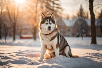 Naklejka premium Siberian Husky outdoors in a park in winter snowy season during late winter sunset with a sun flares in the background. Generative Ai.