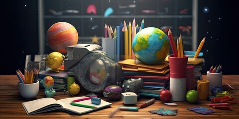 School background with stationery accessories. Books, globe, pencils