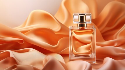 Generative AI, Bottle of perfume on a orange silk background. Glass flask with orange fragrance packaging design mock up - obrazy, fototapety, plakaty