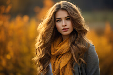 Fototapeta premium Beautiful woman in autumn scenery with golden leaves and seasonal fashion
