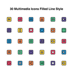 Illustration vector graphic icon of 30 Multimedia Icons Set. Filled Line Style Icon. Multimedia Themed Icon. Vector illustration isolated on white background. Perfect for website or application design